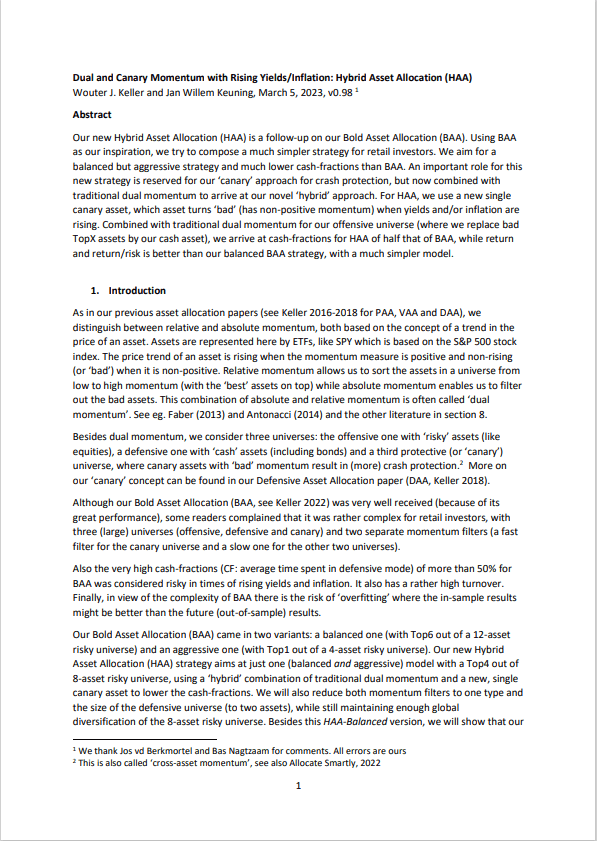 Wouter J. Keller, Jan Willem Keuning: Dual and Canary Momentum with Rising Yields/Inflation: Hybrid Asset Allocation (HAA)